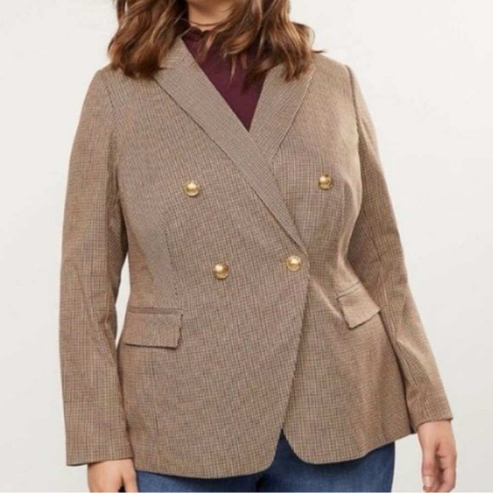 Lane Bryant 14 Double Breasted Blazer Brown Plaid Houndstooth Plaid Gold buttons